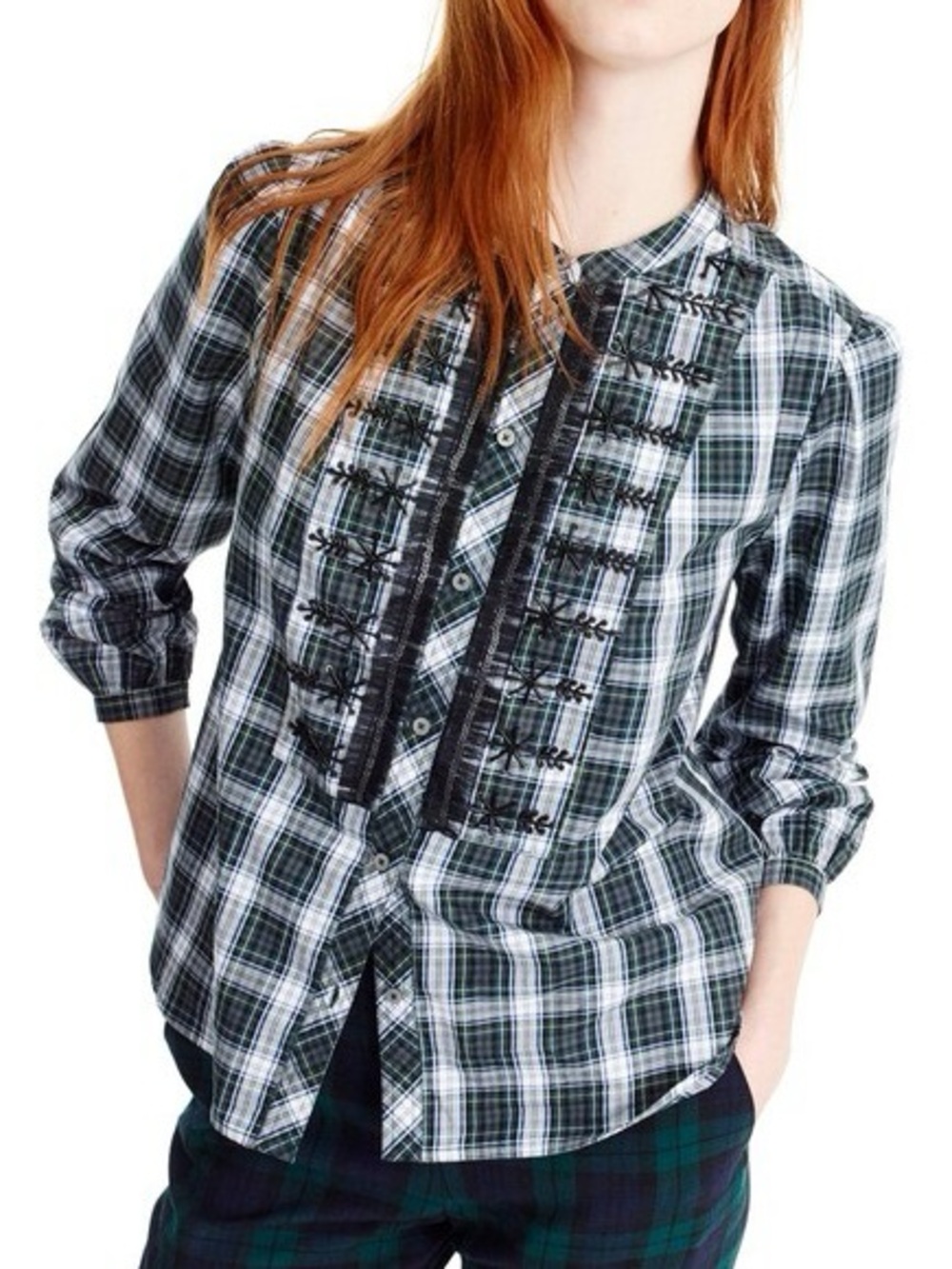 J.crew plaid embellished   Button-Up Blouse with Black Embroidered Trim NWOT